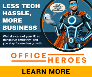 Illustration of a superhero in blue attire holding a laptop, promoting "Less Tech Hassle, More Business" and "Office Heroes." Featuring seamless computer management for smooth operations.