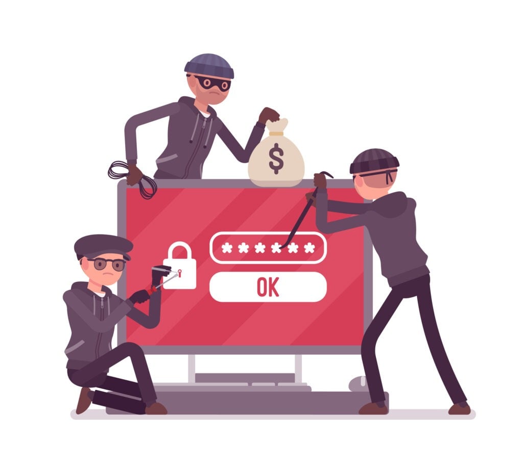 Depositphotos 209604162 L Cybersecurity Essentials for Small Businesses 11 Security Guides Cartoon illustration of three thieves hacking a computer, highlighting the importance of Cybersecurity Essentials for Small Businesses. One thief holds a bag of money, another uses a crowbar, and the third types on a laptop, with a password field ominously displayed on the screen.