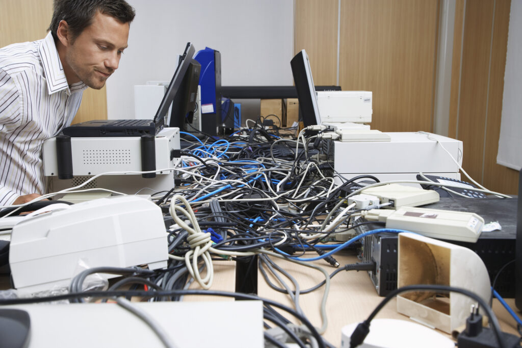 Depositphotos 33860237 L Managing Software and Devices for Small Businesses: Practical Steps to Streamline IT 3 Business Automation Articles A person inspects a cluttered table full of tangled cables, printers, and computers in an office setting, skillfully managing software and devices amidst the chaos.