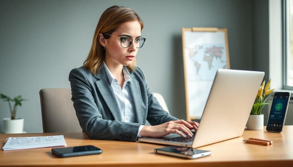 z8EkBeBCJ UppjQz zSuY Data Breach Alert: 8 Crucial Steps to Protect Your Digital Identity Now 10 Security Guides A woman in a gray suit works on a laptop at a desk, surrounded by a smartphone, notepad, and a pen. A world map is displayed on an easel in the background.