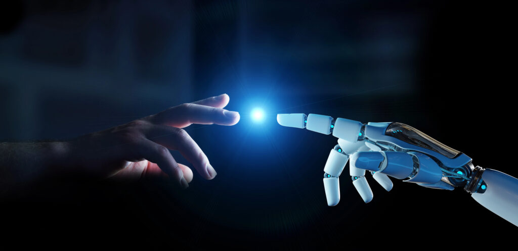 Depositphotos 243618046 L Top 5 Must-Automate Administrative Tasks to Boost Productivity 7 Security Guides A human hand and a robotic hand reach toward each other, their index fingers nearly touching. The blue glow they emit symbolizes the fusion of technology with daily life, highlighting the endless possibilities of automating administrative tasks against a dark background.
