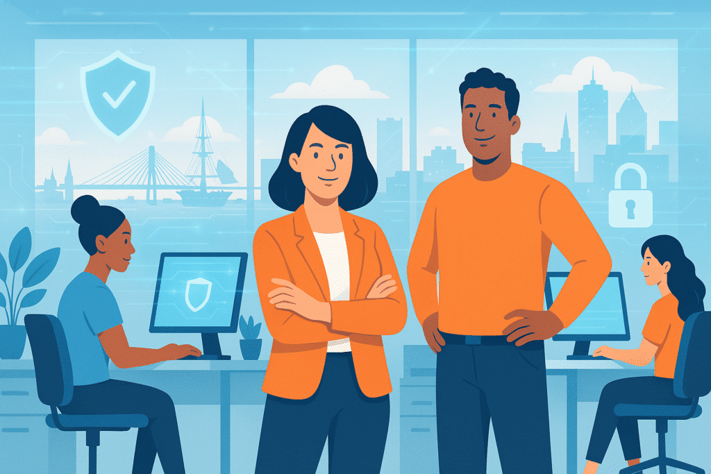 Cybersecure Office Atmosphere Malware & Ransomware Explained for Small Business 1 Security Guides Four people work in a bright office with large windows and a city skyline, while digital security icons highlight the importance of ransomware protection for small business in today’s connected world.