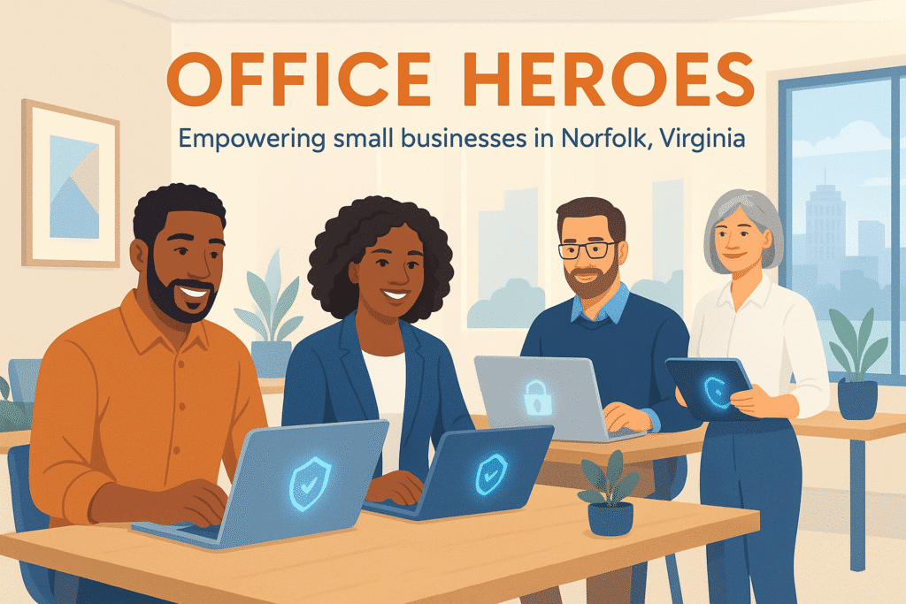 Welcoming Office Norfolk What is Endpoint Security? 10 Cybersecurity Four professionals work on laptops in a bright office with the text “Office Heroes: Empowering Non-Technical Business Owners in Norfolk, Virginia” displayed above them.