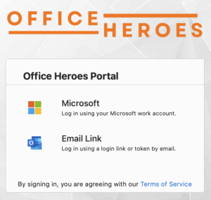 office heroes portal login screen How to Manage Internet Filtering in Your Office Heroes Portal 1 Login page for Office Heroes office portal with options to sign in via Microsoft work account or email link, and a notice about agreeing to Terms of Service. Easily manage access while benefiting from secure internet filtering.