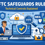 FTC Safeguards Rule Technical Controls Explained Technical Controls Required by the FTC Safeguards Rule 1 Compliance Illustration of two professionals discussing technical controls for cybersecurity compliance, with icons for encryption, MFA, antivirus, and secure access under the title "FTC Safeguards Rule: Technical Controls Explained.