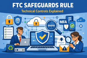 FTC Safeguards Rule Technical Controls Explained Regulatory Compliance 14 Illustration of two professionals discussing technical controls for cybersecurity compliance, with icons for encryption, MFA, antivirus, and secure access under the title "FTC Safeguards Rule: Technical Controls Explained.
