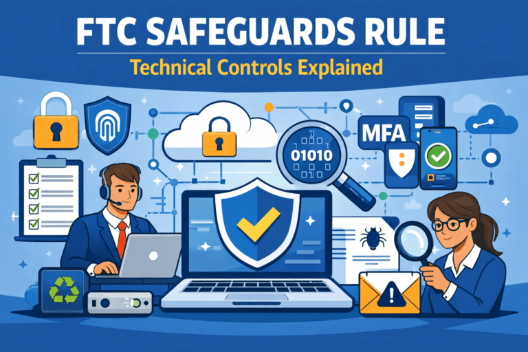 Illustration of two professionals discussing technical controls for cybersecurity compliance, with icons for encryption, MFA, antivirus, and secure access under the title "FTC Safeguards Rule: Technical Controls Explained.
