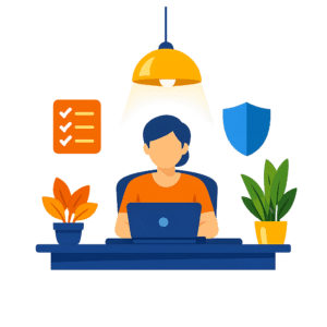 Illustration of a person working on a laptop at a desk with two potted plants, a checklist, and a shield icon—symbolizing audit readiness cybersecurity—under the glow of a hanging lamp.