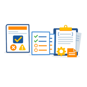 Illustration of documents with checkboxes, checklists, and a clipboard, alongside icons for compliance readiness—including a gear, warning sign, and forms—representing organization and data management for regulated businesses.