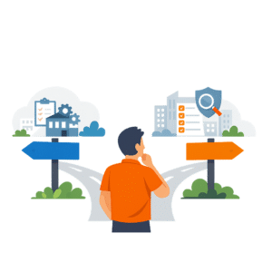 A person stands at a forked road, deciding between two paths marked by blue and orange signs with business-related icons, symbolizing choices in compliance readiness and cybersecurity for regulated businesses.