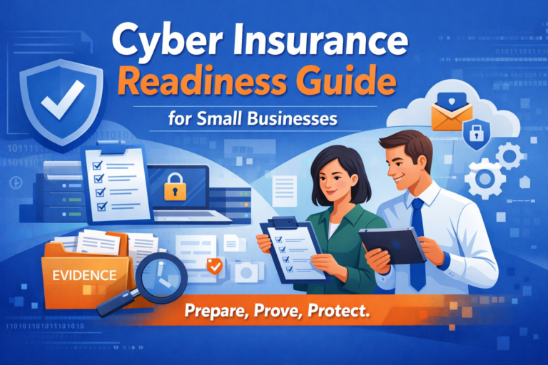 A businesswoman and businessman review checklists and documents, surrounded by cyber security icons, with the text "Cyber Insurance Readiness Guide for Small Businesses." Includes a cyber insurance application checklist to help you prepare, prove, and protect.