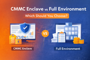 Comparison graphic showing CMMC Compliance: a CMMC Enclave with a shield, lock, and price tag on a computer, versus Full Environment with documents, checklists, and coins—under the title "Which Should You Choose?".